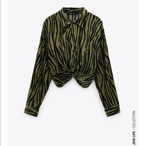 NWOT ZARA ANIMAL PRINT KNOTTED SHIRT BLACK / GREEN